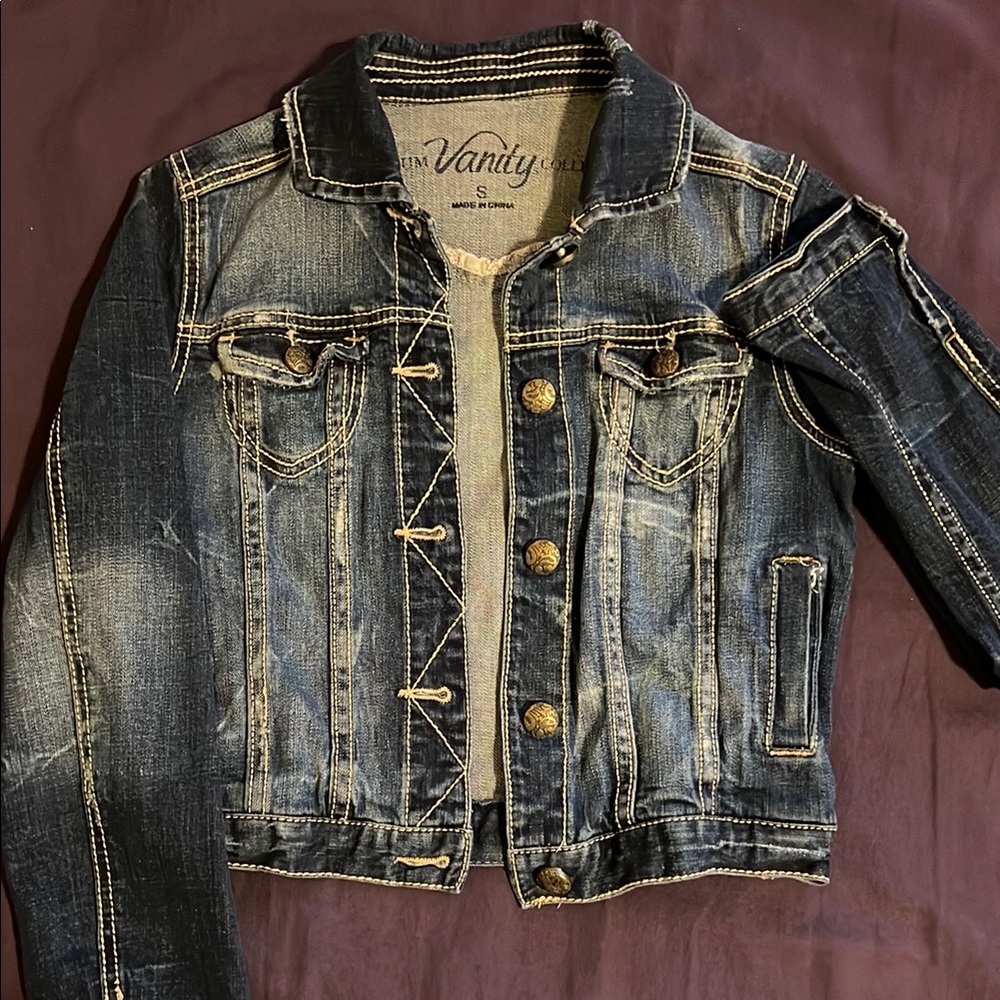 Distressed Denim Jacket with Contrast Stitching